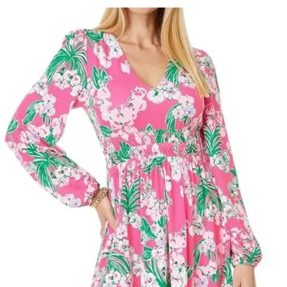 NWT Lilly Pulitzer Vibrant Pink Floral V-Neck Knee Length Dress size Large